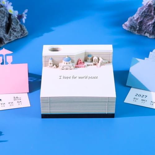 3D Memo Pad with Light,Tear Away 3D Note Pad Non-Sticky Sticky Notes,Creative 3D Art Paper Sculpture Santorini Notepad with Pen Holder Silhouette DIY Decor Gift - Image 5