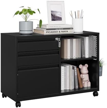 MIIIKO 3 Drawer File Cabinet with Lock, Metal Lateral Rolling Printer Stand Office Storage Filing Cabinets for Home Office,A4, Letter,File Folders(Black) by MIIIKOOfficeFurniture
