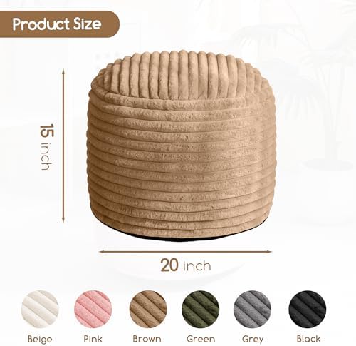 HIGOGOGO Round Stuffed Pouf Ottoman, Corduroy Poufs with High-Density Foam Filling, Furry and Fluffy Pouf Foot Stool Storage Ottoman, 20 X 15 Floor Poufs Foot Rest for Living Room, Brown - Image 3