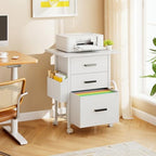 Mexin 3 Drawer File Cabinet with 22'' Extended Desktop, Mobile Filing Cabinet, Printer Stand, Rolling Printer Stand with Side Bag, Fabric Drawer, Fits A4 Size, Home Office, White - Image 2