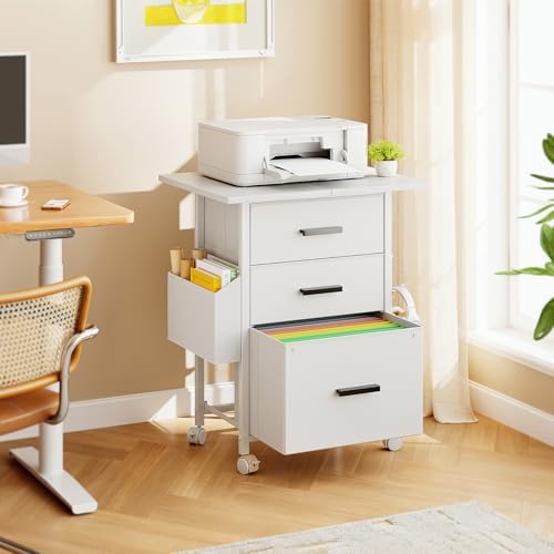 Mexin 3 Drawer File Cabinet with 22'' Extended Desktop, Mobile Filing Cabinet, Printer Stand, Rolling Printer Stand with Side Bag, Fabric Drawer, Fits A4 Size, Home Office, White - Image 2