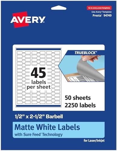 Avery TrueBlock Matte White Barbell Labels, Sure Feed Technology, 0.5" x 2.5", 2,250 Matte White Labels, Laser/Inkjet Printable, Great for Jewelry and Product Merchandising by Avery
