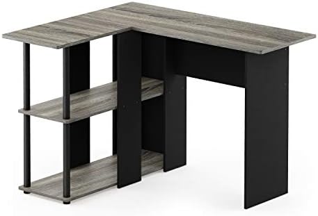 Furinno Abbott L-Shape Computer Desk with Bookshelf, French Oak Grey/Black - Image 6