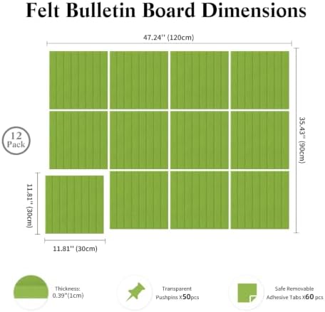 48" x 36" Large Felt Bulletin Board, Bold-Stripe 12-Pack Cork Boards | Fabric Bulletin Board with 60 Adhesive Tabs, 50 Pushpins, Felt Wall Tiles for Office Push Pin Board Felt Board, Matcha Green - Image 3