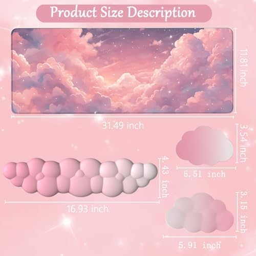 Pink Cloud Large Mouse Pad for Desk Cloud Keyboard Wrist Rest 4PCS Extended Cloud Desk Mat Pad Set Memory Foam Non-Slip Ergonomic Cute Gaming Mouse Pad Wrist Support for Computer Laptop Home Office - Image 3