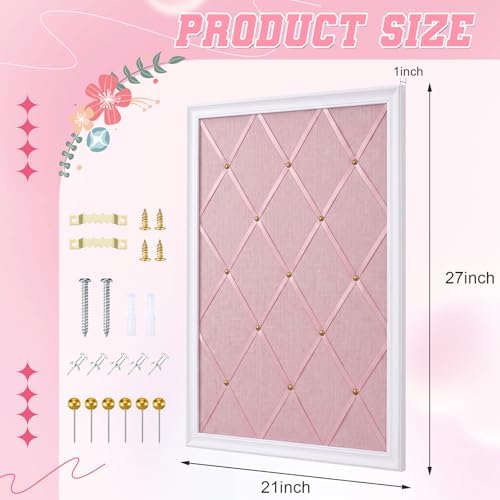 DoubleFill White Bulletin Board 21"×27" Linen Fabric Decorative Board Hanging Memo Boards for Women Large Cork Bulletin Boards for Home Office with 20 Pushpins - Pink Linen with White Frame - Image 2