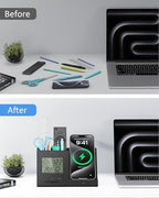 Pen Holder for Desk, Desk Organizer with Wireless Charger, Built in Digital Indoor Thermometer and Humidity Monitor, Multi-Functional Pencil Organizer for Home Office, Black Carbon Fiber - Image 6