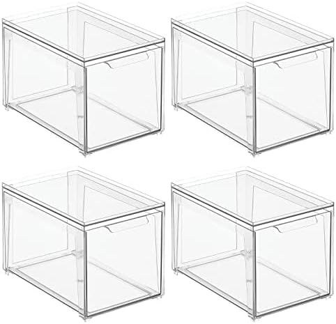 mDesign Plastic Stackable Bathroom Storage with Pull Out Bin Organizer Drawer for Cabinet, Vanity, Shelf, Cupboard, Cabinet, or Closet Organization - Lumiere Collection - 4 Pack - Clear by mDesign