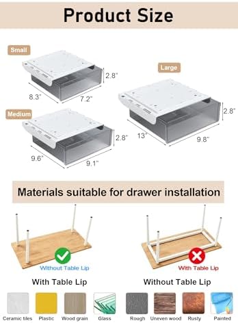 Under Desk Drawer Set of 3, Slide-Out Under Desk Storage Drawers (Large/Medium/Small), Thick Rigid PET Material, Suitable for Home Office, Desk, or Coffee Table - Image 2