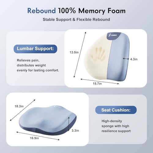 FLORICH Seat Cushion and Lumbar Support Pillow for Office Chair Car, Ergonomic Memory Foam Back Support for Office Gaming Chair Driving Seat Wheelchair, Relieves Neck, Back & Sciatica Pain – Blue - Image 2
