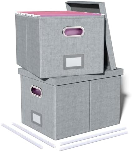 2 Pack File Storage Organizer, Filing Box, Portable File Box with Lid, Fit for Letter/Legal File Folder Storage, Document Organizer, Gray by Oterri