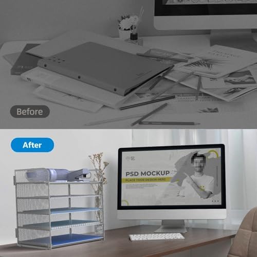 Letter Tray Paper Organizer 5-Tier Desk Organizer File Organizer Paper Holder with Handle, Metal Desktop Document Shelf Tray Office Classroom Organization - Silver - Image 3