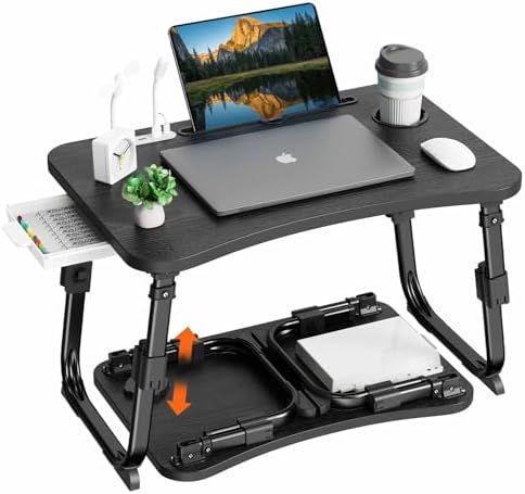 BYMECOST Laptop Desk for Bed, Height Adjustable Laptop Bed Table, Foldable Portable Lap Desk Stand with USB/Storage Drawer/Cup Holder/Slot, Breakfast Tray for Working Reading Writing Eating by BYMECOST