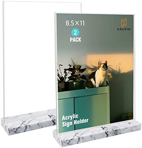vrupin 2 Pack 8.5x11 Acrylic Sign Holder, Acrylic Frame Natural Marble Base, Clear Plastic Sign Holder Picture Photo Frames, Flyer Document Paper Display Stand for Office Desktop (white marble) by Vrupin