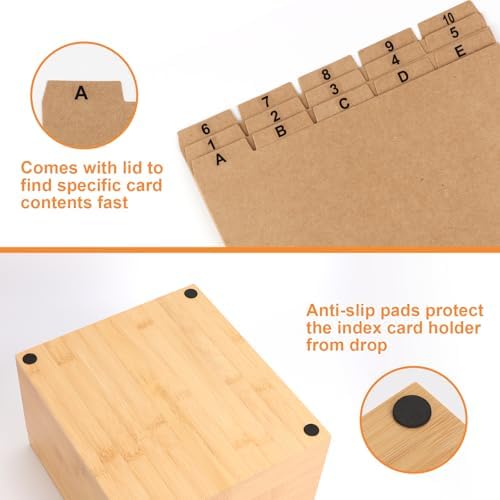 5x8 Index Card Holder with Dividers Bamboo Index Card Storage Box 4 Compartments Recipe Card Box with Lid 150 Index Flash Cards 25 Index Card Dividers 2 Letter smile Stickers for Office Business Home - Image 6