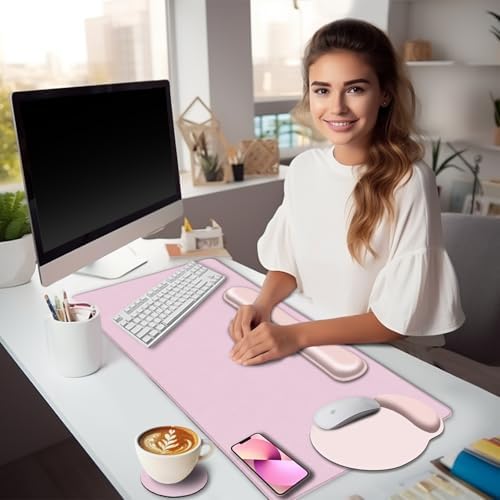 LIMKRIAN Pink Desk Mat Set, Mouse Pad with Wrist Rest & Keyboard Support - Image 2