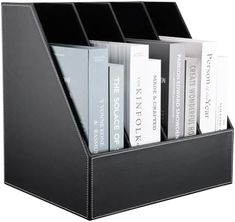 KINGFOM 4-Slot Wood Leather Document Files Holder Rack Stand Desk Files Organizer Papers Collection Cabinet (4 slot Black) - Image 4