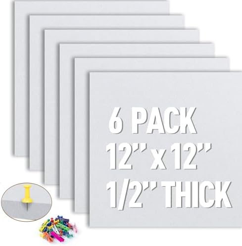 AKTOP White Cork Bulletin Board 12x12, 1/2" Thick Felt Cork Board Tiles 6 Pack, Small Square Pin Board for Wall, Self Adhesive Corkboards with 60 Push Pin Wood Clips for School, Home & Office by Buynow