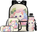 4 in 1 School Bags, Cartoon Schoolbags & Portable Lunch Box & Pencil Pouch & Cup Sleeve Lightweight Travel Backpack 4Pcs Unisex for Teens Cute White Cat by Oamsistay