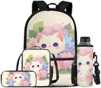 4 in 1 School Bags, Cartoon Schoolbags & Portable Lunch Box & Pencil Pouch & Cup Sleeve Lightweight Travel Backpack 4Pcs Unisex for Teens Cute White Cat by Oamsistay