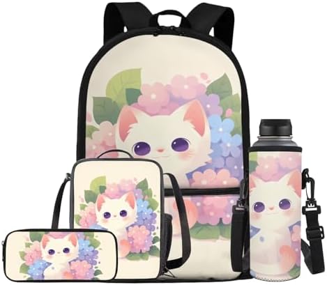 4 in 1 School Bags, Cartoon Schoolbags & Portable Lunch Box & Pencil Pouch & Cup Sleeve Lightweight Travel Backpack 4Pcs Unisex for Teens Cute White Cat by Oamsistay