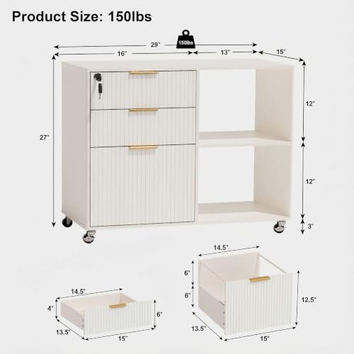 INNOD 3 Drawer Fluted Mobile Filing Cabinet with Lock, Lateral Rolling Under Desk File Cabinet, Wooden Printer Stand Table for Home Office Essentials Storage Organization Furniture Letters/A4(White) - Image 2