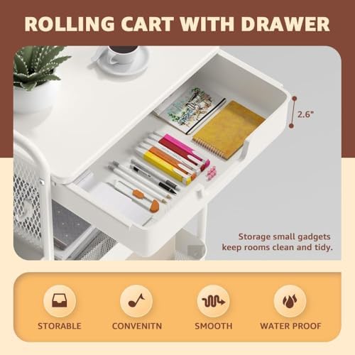 3 Tier Rolling Cart with Drawer, Metal Rolling Utility Cart on Wheels with Pegboard, Art Cart Storage Organizer with Tabletop for Living Room, Office, Bedroom (White) - Image 2