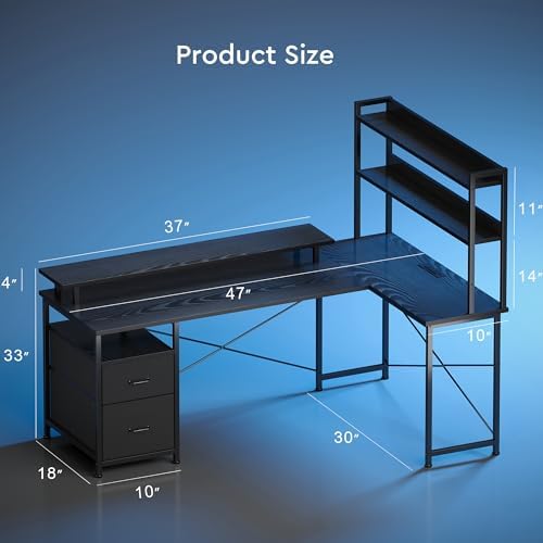 L Shaped Gaming Desk, Reversible with LED Lights, Shelves, Charging, Black - Image 3