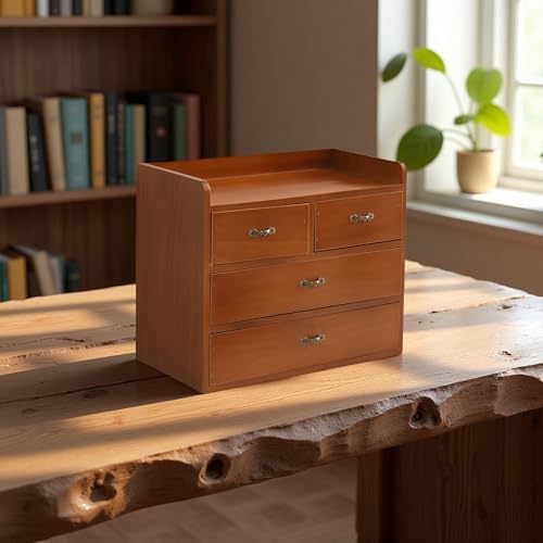 Wooden Desk Organizer with 4 Drawers and Open Shelf, Retro Brown Desktop Organizer 13.4 x 11 x 7.1 in, Compact Wood Storage Cabinet for Home, Office - Image 2