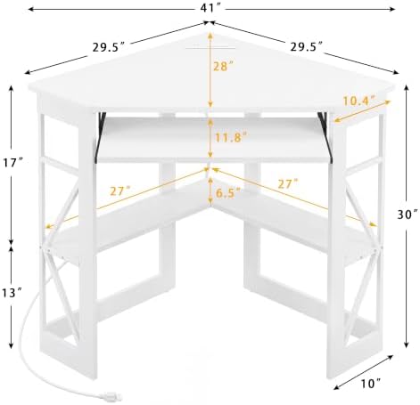 VECELO Corner Desk, Triangle Computer Desk for Small Space with Charging Station and Keyboard Tray, Corner Makeup Table with Storage Shelves for Home Office Bedroom, 41x30, White - Image 3