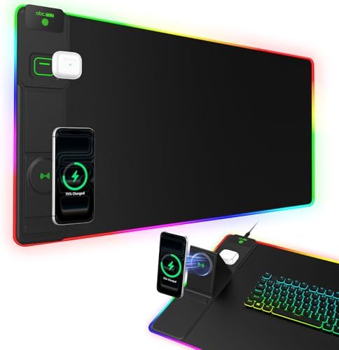 XXL RGB LED Gaming Mouse Pad with Magnetic Wireless Charger & Foldable Phone Holder, 31.5"x15.8" Extended Ultra-Smooth Desk Mat, 25 Lighting Effects, Non-Slip Base by abcmat
