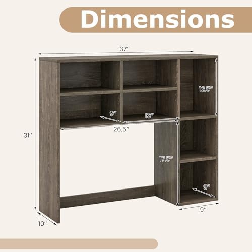 Tangkula Desktop Bookshelf, 37" Countertop Storage Hutch with 7 Cubes & 3 Adjustable Shelves, 3-Tier Desk Display Rack Organizer, Multipurpose Wood Desktop Hutch for Dorm Home Office (Grey) - Image 3