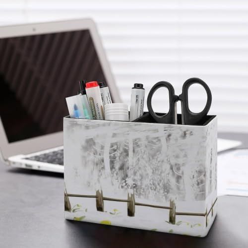 PU Leather Multi-Compartment Pen Holder Desktop Organizer Pencil Cup Storage Caddy for Office Home Supplies Winter Snow Covered The Forest, Wooden Houses in The Woods - Image 5