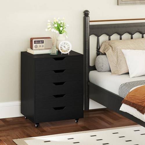 Byroce 5-Drawer Storage Cabinet with Wheels, Mobile Office Cabinet, Black - Image 2