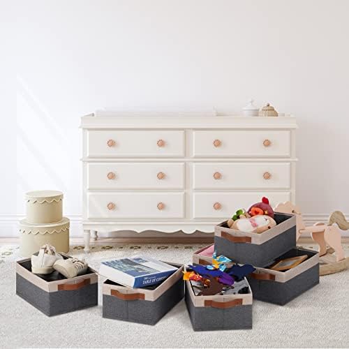 GhvyenntteS Small Fabric Storage Bins 12 Pack, 11.8" x 7.87" x 5.11" Storage Basket with Leather Handles, Closet Storage Bins for Shelves, Storage Baskets for Shelves, DVD Storage (Grey&Beige Yellow) - Image 4