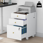 Under Desk Storage, 3 Drawer Small File Cabinet, Chest of Drawer with Glass Top, Mobile Printer Stand with Lockable Wheels for Home Office Study, White - Image 2