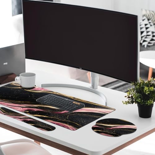 Britimes Keyboard Mouse Pad Set, 4 in 1 Desk Mat Set, Pink Black Marble - Image 3