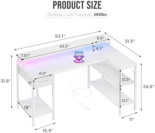 OLIXIS 53 Inch L Shaped Gaming Desk with LED Lights, Storage Shelves - Image 2