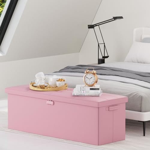 DocSafe Storage Ottoman Bench, Fireproof＆Waterproof Folding Bench with Lock(15”x 43”x15”), Leather Storage Chest with Handles＆2 Extra Boxes, Ottoman Safe for Bedroom,Living Room,Home Office, Pink - Image 2