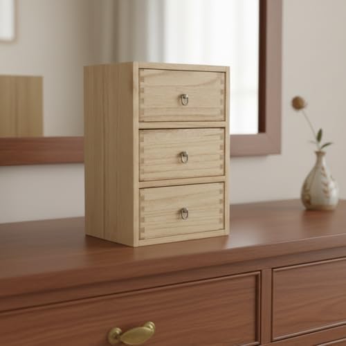 DDYURI Desktop Drawer Organizer Drawers Wooden Box Caddy Office Supplies Storage on Dresser Table 3-Tier Color-Light Brown - Image 6