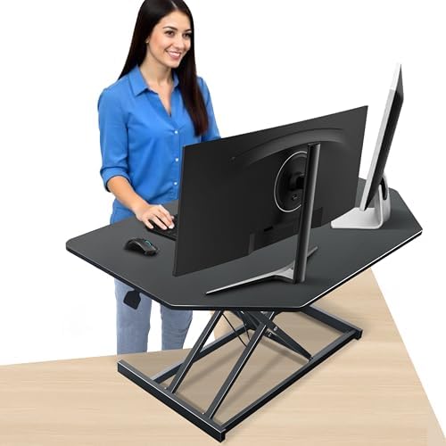Aconcept 40 inch Black Corner Height Adjustable Standing Desk Converter, One-Click Sit to Stand up Desk Riser, Pre-Assembled for Dual Monitor and Laptop Workstation by Aconcept