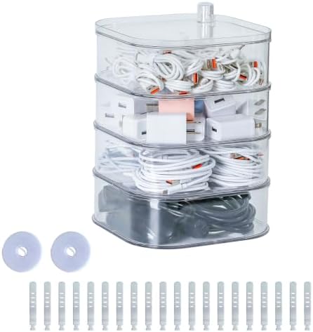 Large Charger Cable Storage Box with Lid, 4-Tiers, Clear by GOXITAX