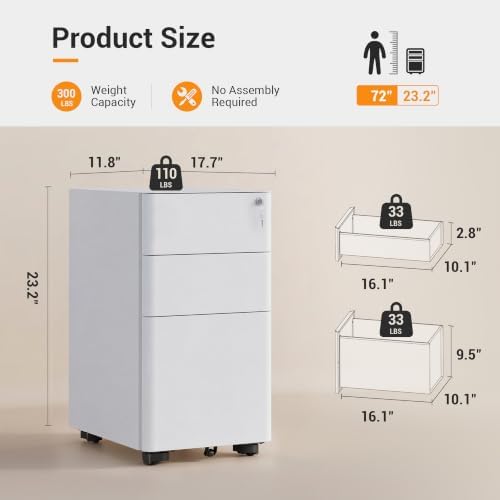 DEVAISE 3 Drawer File Cabinet on Wheels, Fully Assembled Except Casters - Image 3