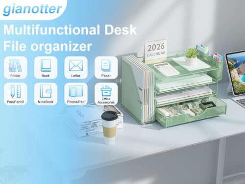 gianotter 4-Tier Desk Organizer with Drawers, File Holders, Letter Trays and Pen Holders - Workspace Accessories for Office Supplies (Sage Green) - Image 4