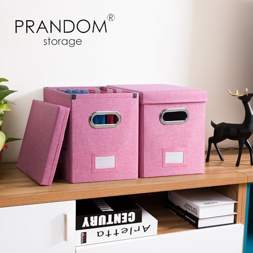 PRANDOM File Organizer Box - Set of 2 Collapsible Decorative Linen Filing Storage Hanging File Folders with Lids Office Cabinet Letter Size Pink (14x9.3x10.8 inch) - Image 2