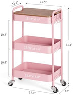 TOOLF 3 Tier Rolling Cart, Metal Utility Storage Cart with Wheels, Pink - Image 6