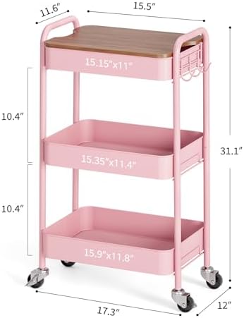 TOOLF 3 Tier Rolling Cart, Metal Utility Storage Cart with Wheels, Pink - Image 6