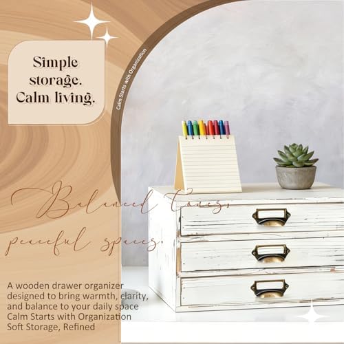 Stackable Modular Desktop Drawer Organizer, Distressed Cottage White 3-Drawer Storage Unit with Label Handles, Japandi Style Vintage Wash Timber, Expand by Adding More Units for Clutter-Free Spaces - Image 6