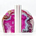 Agate Bookends Pair - Natural Geode Style, Dyed Pink 3-4 lbs Heavy Duty with Rubber Bumpers | Non-Slip Crystal Bookends for Heavy Books | Unique Home Decor by XMHOME