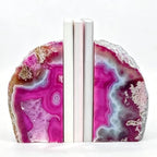 Agate Bookends Pair - Natural Geode Style, Dyed Pink 3-4 lbs Heavy Duty with Rubber Bumpers | Non-Slip Crystal Bookends for Heavy Books | Unique Home Decor by XMHOME